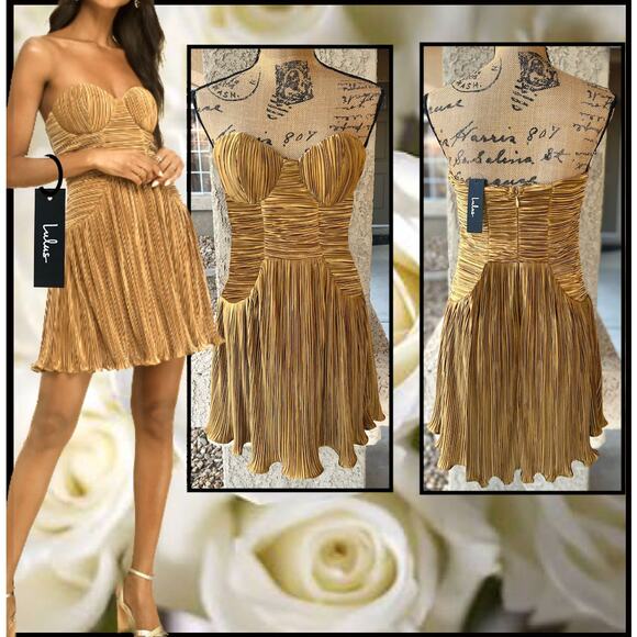 Lulus Gold Plisse Strapless Drop Waist Deeply Glamorous Mini Dress Size M NEW - Picture 1 of 8